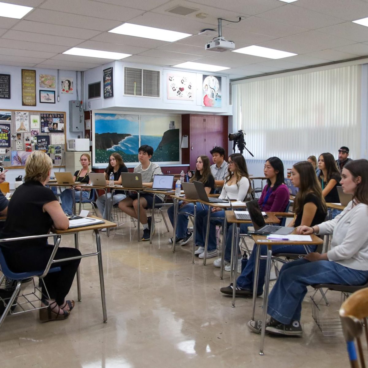 Local Conejo Valley Unified School District high school journalism students gather in Room B9 at Newbury Park on September 9, 2024 to question the candidates for the upcoming school board election. (With Permission/Isabelle Cipriano)