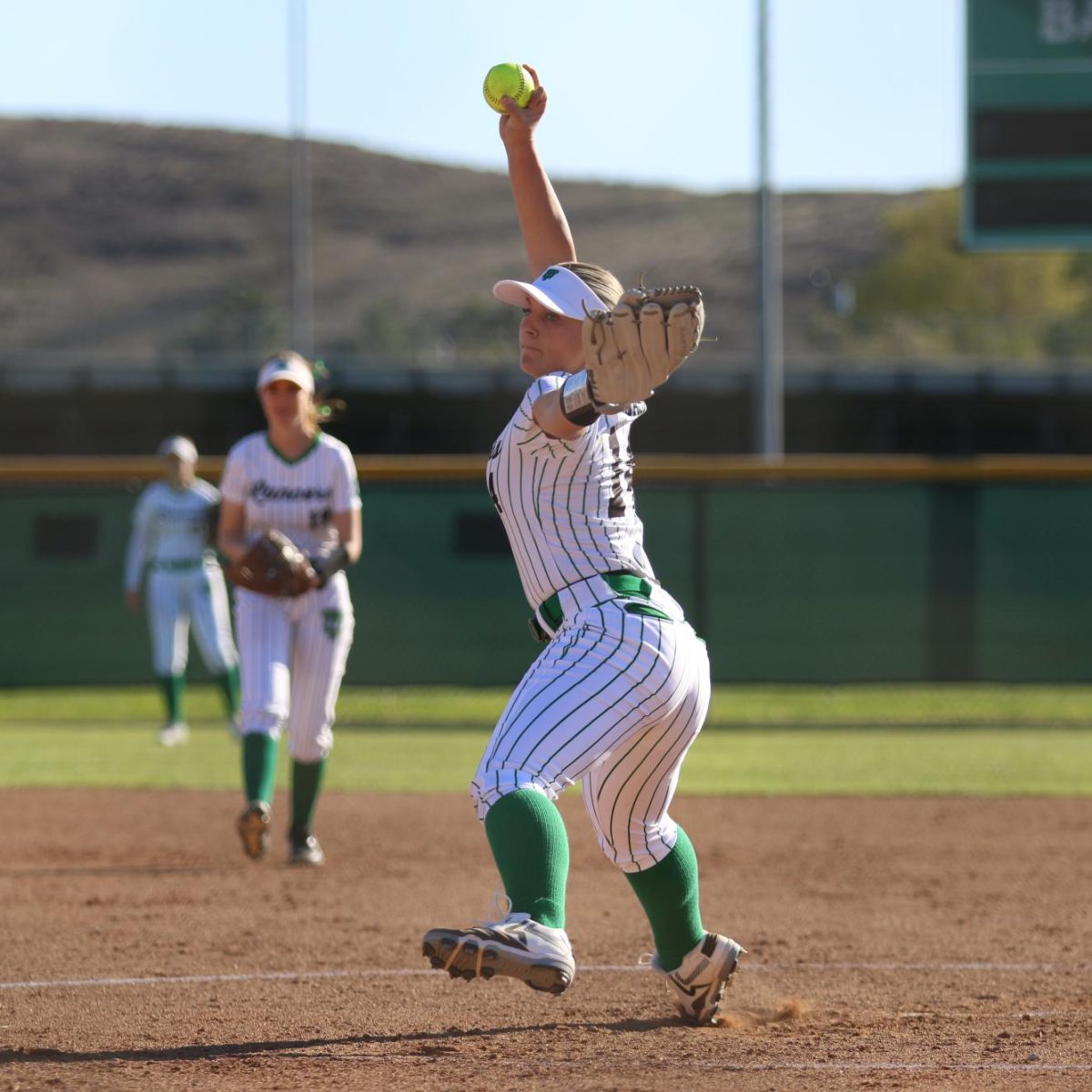 HEATING UP - Sophomore Samantha Case delivers a strike.